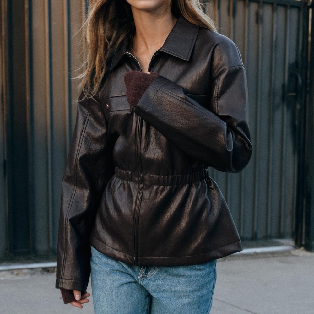 Faux Leather Elastic Waist Jacket - Dark Brown